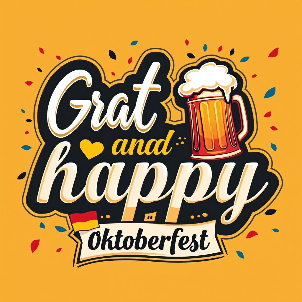  festive design with 'drafted and happy.' bold celebratory font with a beer stein and confetti with bavarian flag. place the word oktoberfest at the bottom of the image