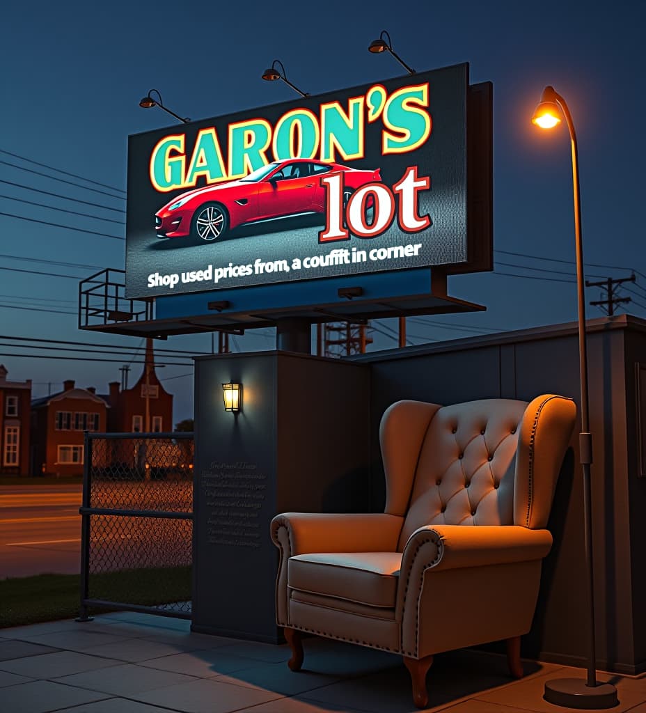  photo of a billboard in chicago, for a car dealer with a car on it, and a nice chair that says "garon's lot" in big letters, and "shop used cars, at great prices, from a comfy chair in the corner"