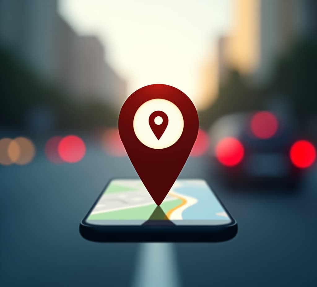  point on smartphone with gps navigator icon and map on blur traffic road abstract background