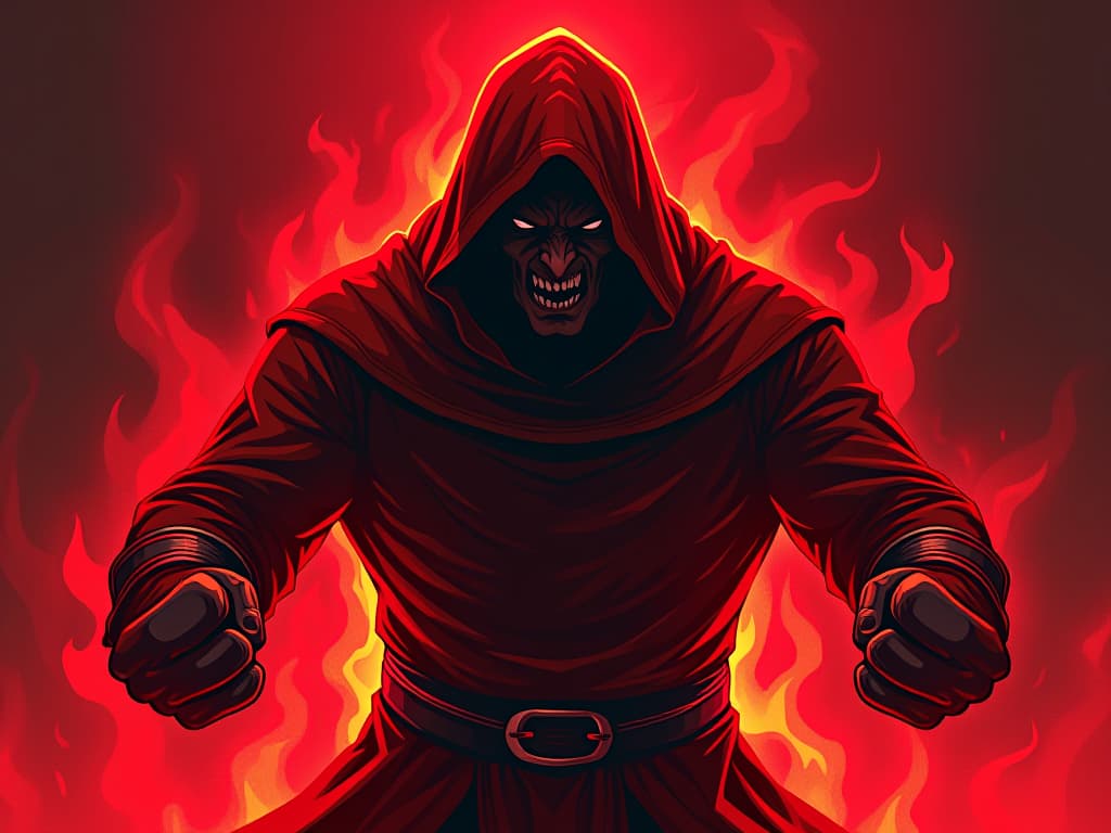  indignant person in red, fists clenched, hot and fierce energy surrounding, a battle ready stance, sense of confrontation. the style is digital art illustration / modern comic book / graphic dark novel fantasy and mysterious occult, symbolic, moody lighting, esoteric vibe,high detail on character design. for the color scheme emphasize blacks and reds.