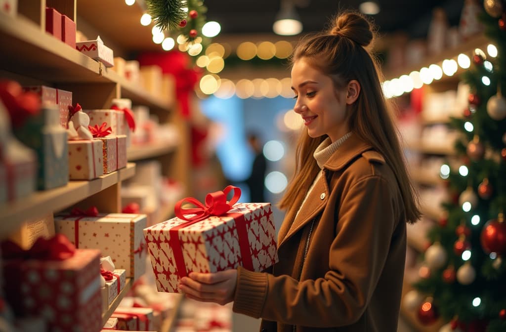  a young woman choosing christmas gifts in a store, surrounded by bright decorations, toys, garlands, warmly lit interior, a basket of gifts in the foreground, style cozy and festive; premium camera, high sharpness, wide aperture, soft bokeh {prompt}, maximum details