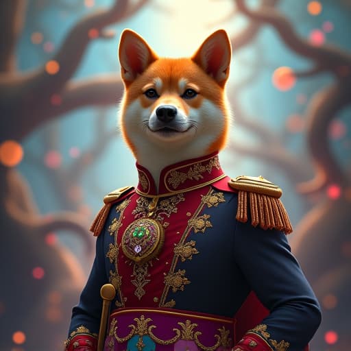  **prompt:** in a realm where magic reigns supreme, behold dineiro, the wealthy shiba inu, adorned in regal attire, standing proudly as the president. surrounded by mystical creatures and ethereal landscapes, dineiro exudes power and authority. his brother, neiro, stands beside him, radiating loyalty and strength. the scene is a tapestry of vibrant colors, with sparkling gems adorning their collars, reflecting the enchanting glow of the realm. the atmosphere is dreamlike, filled with wonder and possibility, where even the most fantastical dreams come to life. **style:** surreal fantasy art **atmosphere:** dreamlike, enchanting **characters:** dineiro as president hyperrealistic, full body, detailed clothing, highly detailed, cinematic lighting, stunningly beautiful, intricate, sharp focus, f/1. 8, 85mm, (centered image composition), (professionally color graded), ((bright soft diffused light)), volumetric fog, trending on instagram, trending on tumblr, HDR 4K, 8K