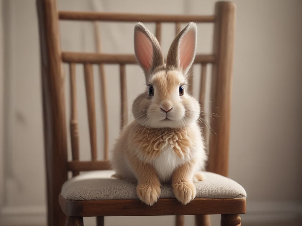 ultra realistic ((ultra realistic ((a cute bunny hiding behind a chair)))) hyperrealistic, full body, detailed clothing, highly detailed, cinematic lighting, stunningly beautiful, intricate, sharp focus, f/1. 8, 85mm, (centered image composition), (professionally color graded), ((bright soft diffused light)), volumetric fog, trending on instagram, trending on tumblr, HDR 4K, 8K