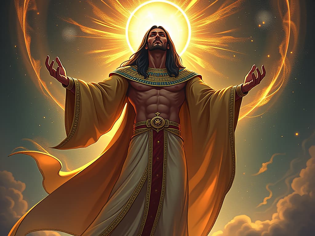  a divine figure in resplendent robes, celestial energy swirling around, epitome of inspiration, atmosphere of cosmic power. the style is digital art illustration / modern comic book / mysterious occult, symbolic, esoteric vibe,high detail on character design, incorporating ancient egyptian symbology and attire.