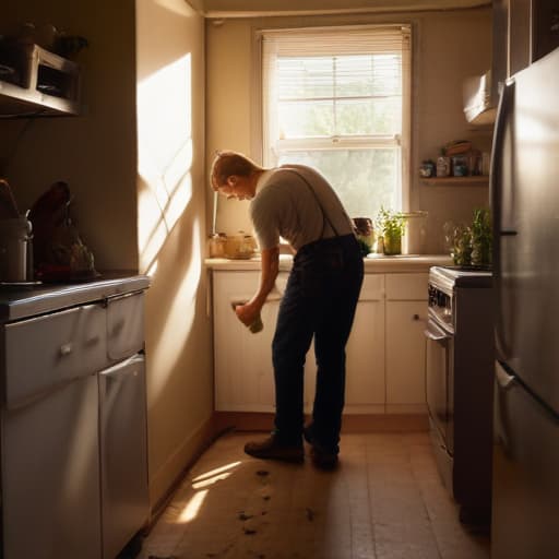 A photo of a repairman skillfully repairing a malfunctioning refrigerator in a cozy and cluttered kitchen during the late afternoon, with warm sunlight streaming through the window, casting long shadows across the countertops.