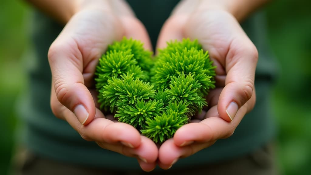  a close up shot of hands gently holding a heart shaped piece of lush green moss, symbolizing love for nature, environmental care and a sustainable, eco friendly mindset {prompt}, maximum details