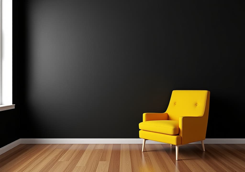  a yellow chair contrasts against the black wall in a room with a wooden floor the black wall bears written text