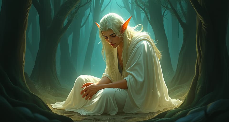  an ethereal elf in radiant robes, sitting amidst a dark, mystical forest. his features show spiritual exhaustion, with a spectral glow surrounding him, symbolizing the heavy spiritual toll.. the style is digital art illustration,highly detailed, whimsical,magical, dreamlike atmosphere, realism and fantasy blend, smooth, glossy textures,luminous quality, wonder and enchantment.