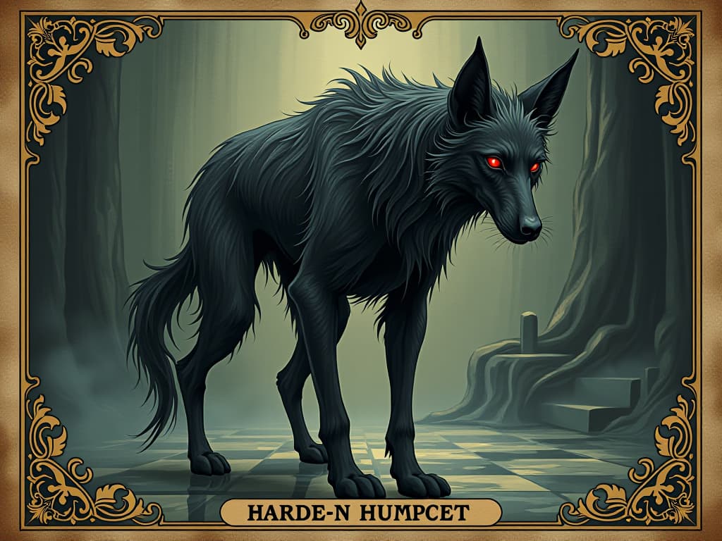  a spectral hound with tattered fur, glowing red eyes, standing in front of a reflective surface, reality twisting around it, dark and ominous, eerie, menacing. an illustration in the style of a worn, mystical old tarot trump card, mysterious and elements of surrealism. the colors are muted, somber and eerie, but with contrast bring out an occult and esoteric vibe.