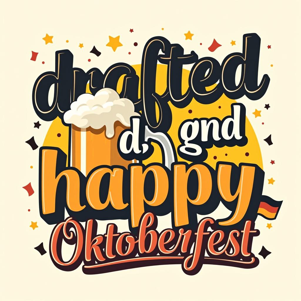  festive design with 'drafted and happy.' bold celebratory font with a beer stein and confetti with bavarian flag. place the word oktoberfest at the bottom of the image