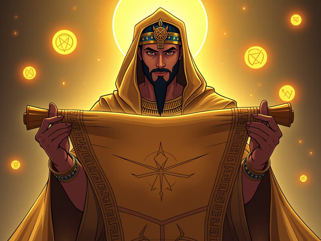  golden scroll, unrolled, inscribed with mystic symbols, held by a male priest in ancient egyptian garb, surrounded by floating orbs of light, solemn expression, aura of profound wisdom. the style is digital art illustration / modern comic book / mysterious occult, symbolic, esoteric vibe,high detail on character design, incorporating ancient egyptian symbology and attire.