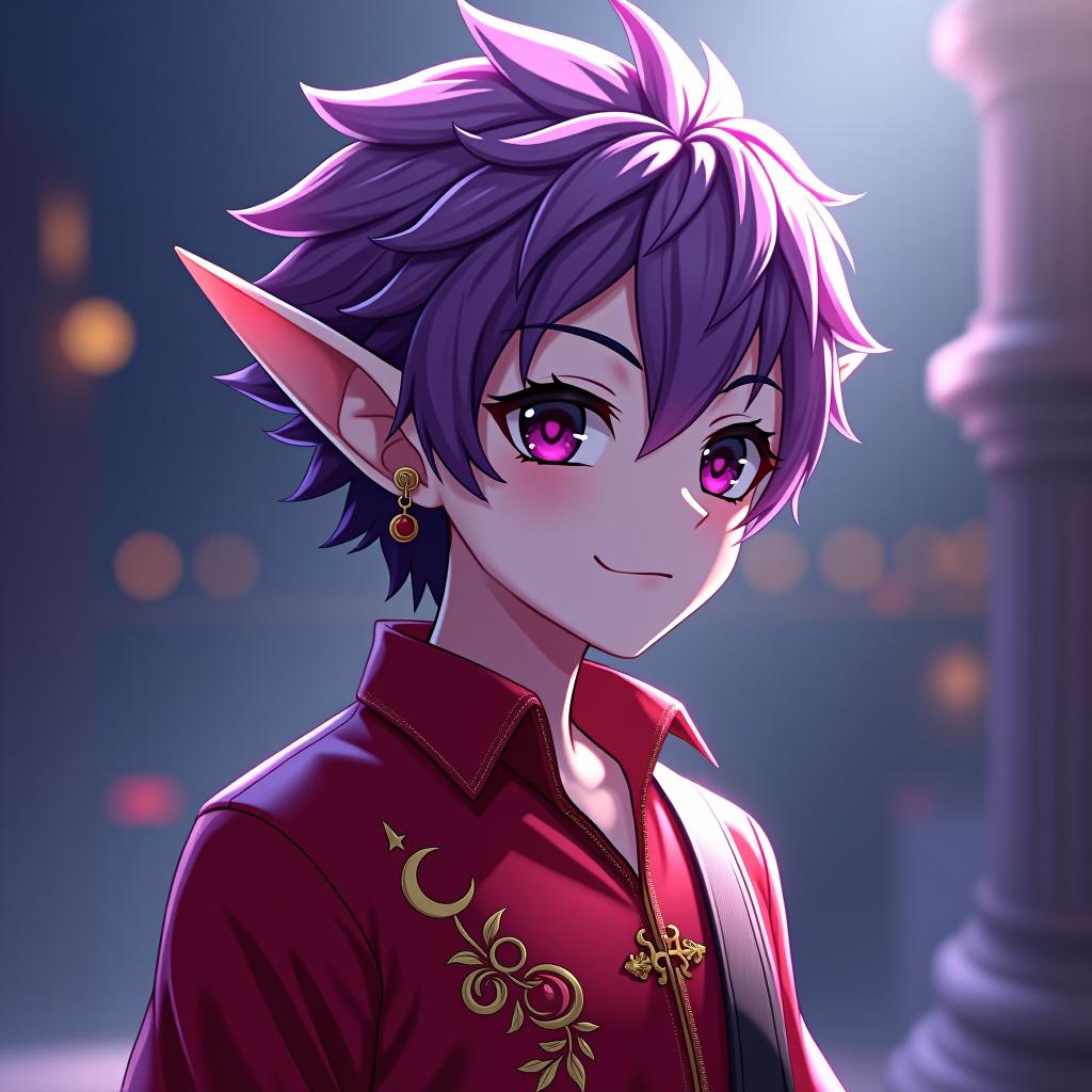  kawaii style dark elf male rock performer marble white skin, purple scarlet hair, lavender eyes with a red tint, dressed in a red violet shirt embroidered with red gold over the shirt wears , hairstyle in the style of hedgehog hair. an earring in the right ear, in the shape of a month. the crescent moon tattoo . cute, adorable, brightly colored, cheerful, anime influence, highly detailed hyperrealistic, full body, detailed clothing, highly detailed, cinematic lighting, stunningly beautiful, intricate, sharp focus, f/1. 8, 85mm, (centered image composition), (professionally color graded), ((bright soft diffused light)), volumetric fog, trending on instagram, trending on tumblr, HDR 4K, 8K