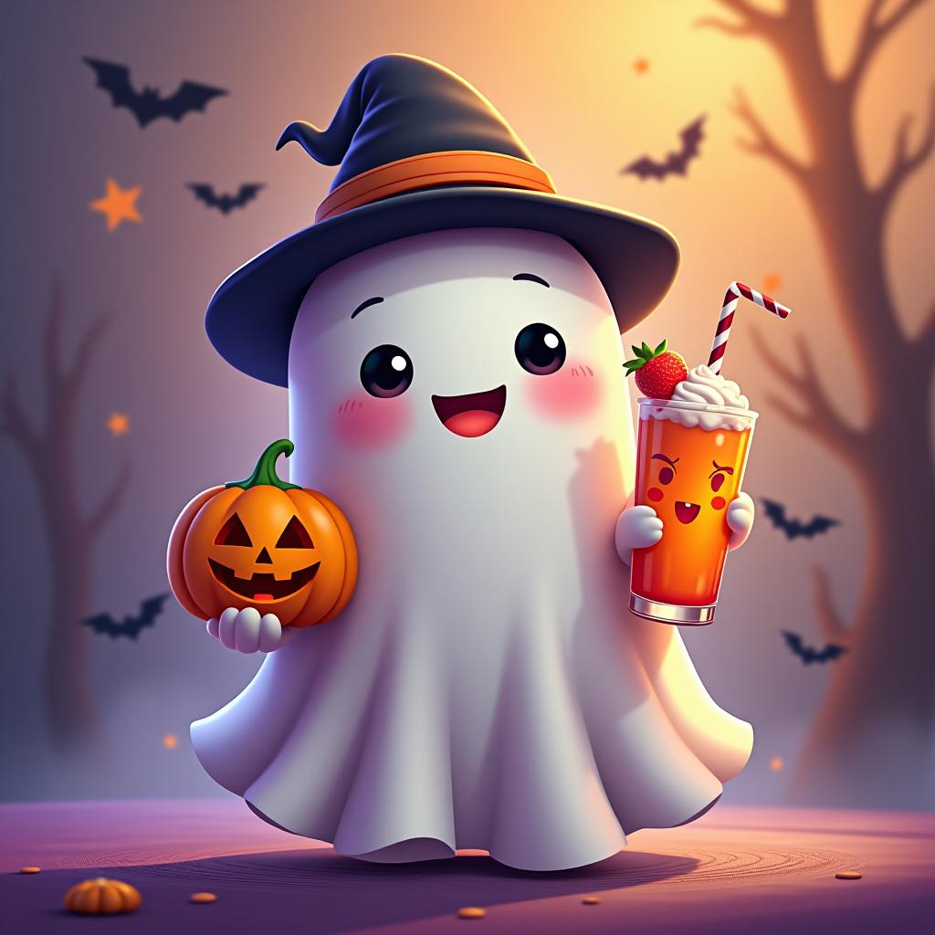  create a digital painting featuring a cute ghost character. the ghost should be wearing a hat. in one hand, the ghost should hold a pumpkin with a carved face, and in the other hand, a halloween themed drink. the background should be colorfull and include small black bats and stars to add a playful halloween touch. the overall style should be cute, whimsical, and colorful hyperrealistic, full body, detailed clothing, highly detailed, cinematic lighting, stunningly beautiful, intricate, sharp focus, f/1. 8, 85mm, (centered image composition), (professionally color graded), ((bright soft diffused light)), volumetric fog, trending on instagram, trending on tumblr, HDR 4K, 8K