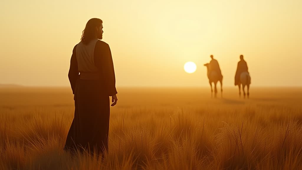  history of biblical times, isaac standing in a field, looking toward the horizon as rebecca approaches on a camel. hyperrealistic, full body, detailed clothing, highly detailed, cinematic lighting, stunningly beautiful, intricate, sharp focus, f/1. 8, 85mm, (centered image composition), (professionally color graded), ((bright soft diffused light)), volumetric fog, trending on instagram, trending on tumblr, HDR 4K, 8K