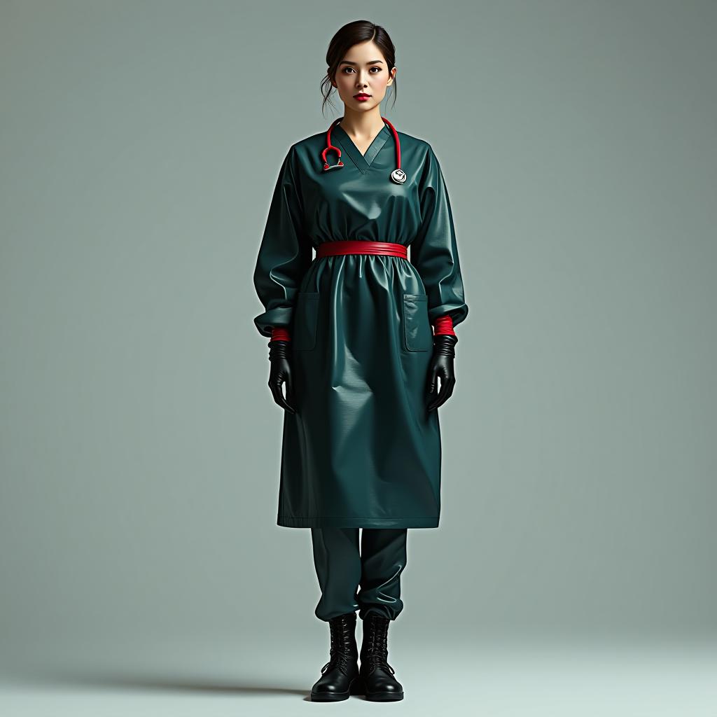  "hyperdetalisation, woman, mistress surgeon, made of glossy latex, standing alone, full length, front view, full face, dressed in, surgical gown, knee length, with an elastic waistband, long sleeves, with elastic cuffs, the upper part of the surgical gown, (from the collar to the waist), glossy latex of dark green color, belt at the waist, glossy latex of red color, the lower part of the surgical gown, (from the hem to the waist), glossy latex of dark blue color, the upper part of the sleeve, (from the shoulder to the elbow), glossy latex of dark blue color, the lower part of the sleeve, (from the elbow to cuffs), glossy latex of dark green color, sleeve cuffs, glossy latex of red color, (bib with collar), made of glossy latex of dark blue 