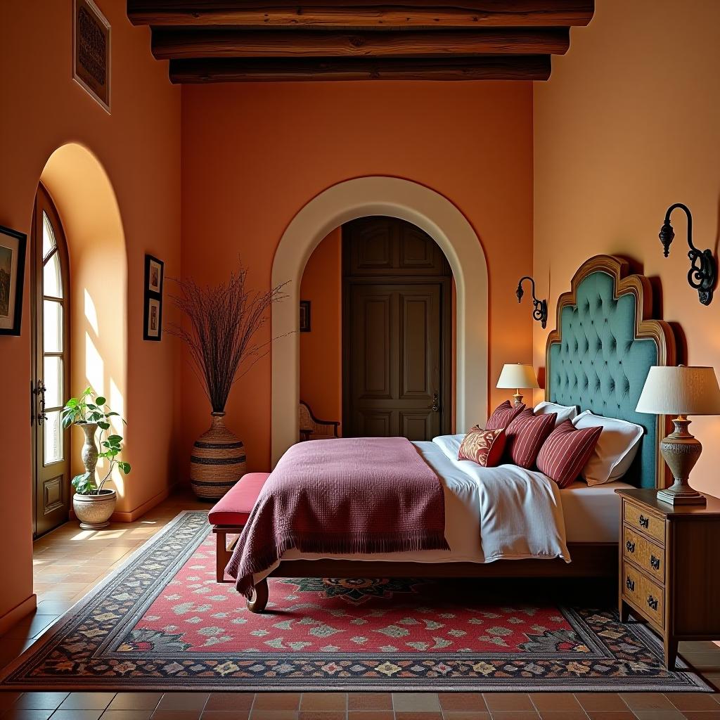  capture a stunning, hyperrealistic 8k photograph of a master bedroom, showcasing mediterranean style with warm colors, natural textures, and rustic elements. the room features intricate spanish revival decorations and dense furnishings on encaustic tile flooring. employing a wide angle 35mm f/2 lens, the image is taken with an establishing point of view and professionally color graded. lighting is chiaroscuro, creating strong contrasts, complemented by bright, soft, diffused light. colors include dominant akaroa (#d8c8b4), complemented by orchid (#e284d9) and accented with polo blue (#82abcb). this symmetrical, unedited raw photo captures the essence of relaxed ambiance and stunning beauty.