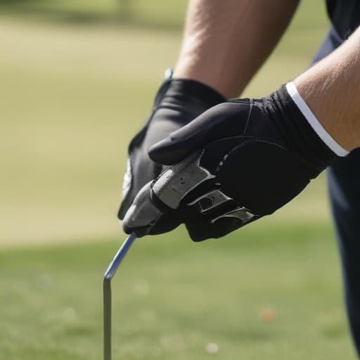 An image of a golfer adjusting a (((fit snugly))) glove, in sporty attire, looking at the glove on a golf course, gripping a club, bright daylight, detailed.