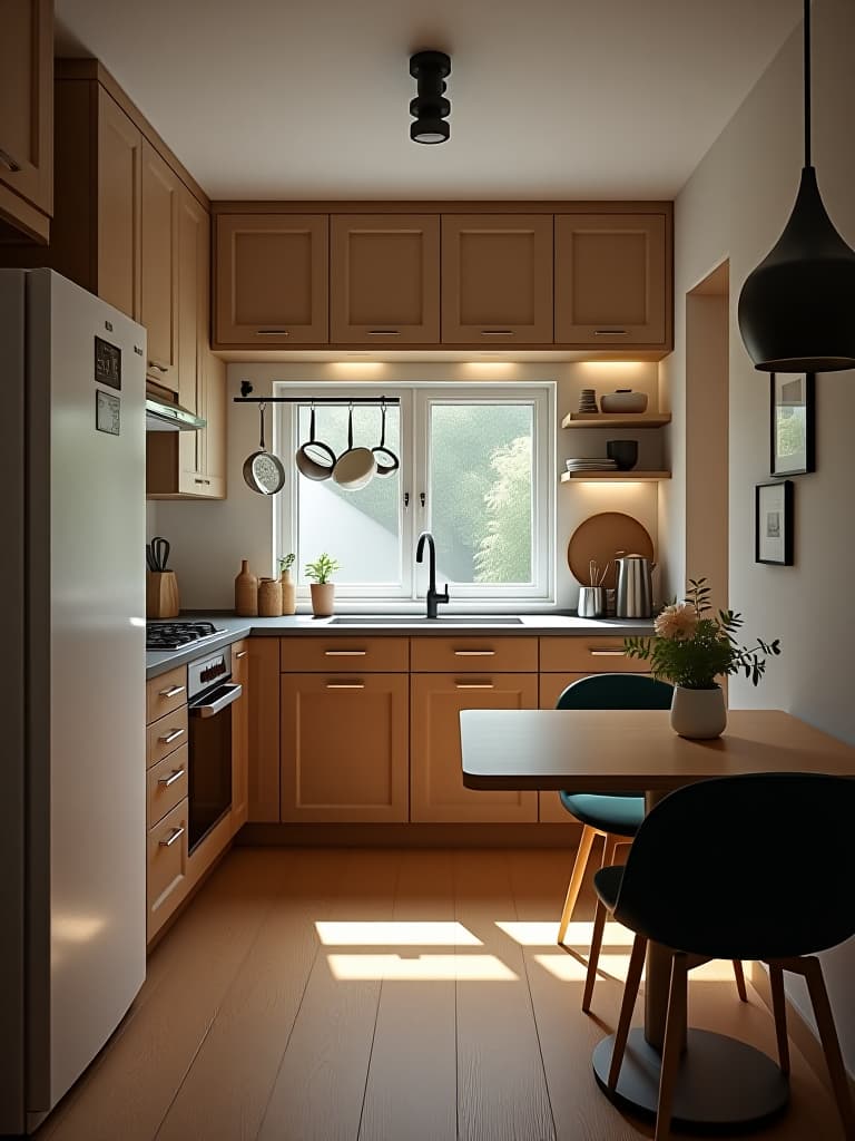  high quality portrait photo of a compact kitchen with fold down tables, pull out pantry shelves, and hanging pot racks, showcasing clever space saving solutions in a modern design hyperrealistic, full body, detailed clothing, highly detailed, cinematic lighting, stunningly beautiful, intricate, sharp focus, f/1. 8, 85mm, (centered image composition), (professionally color graded), ((bright soft diffused light)), volumetric fog, trending on instagram, trending on tumblr, HDR 4K, 8K