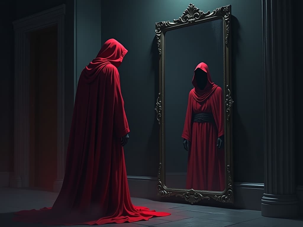  red robed figure confronting their reflection, dimly lit room, aura of unease and revelation. the style is digital art illustration / modern comic book / graphic dark novel fantasy and mysterious occult, symbolic, moody lighting, esoteric vibe,high detail on character design. for the color scheme emphasize blacks and reds.