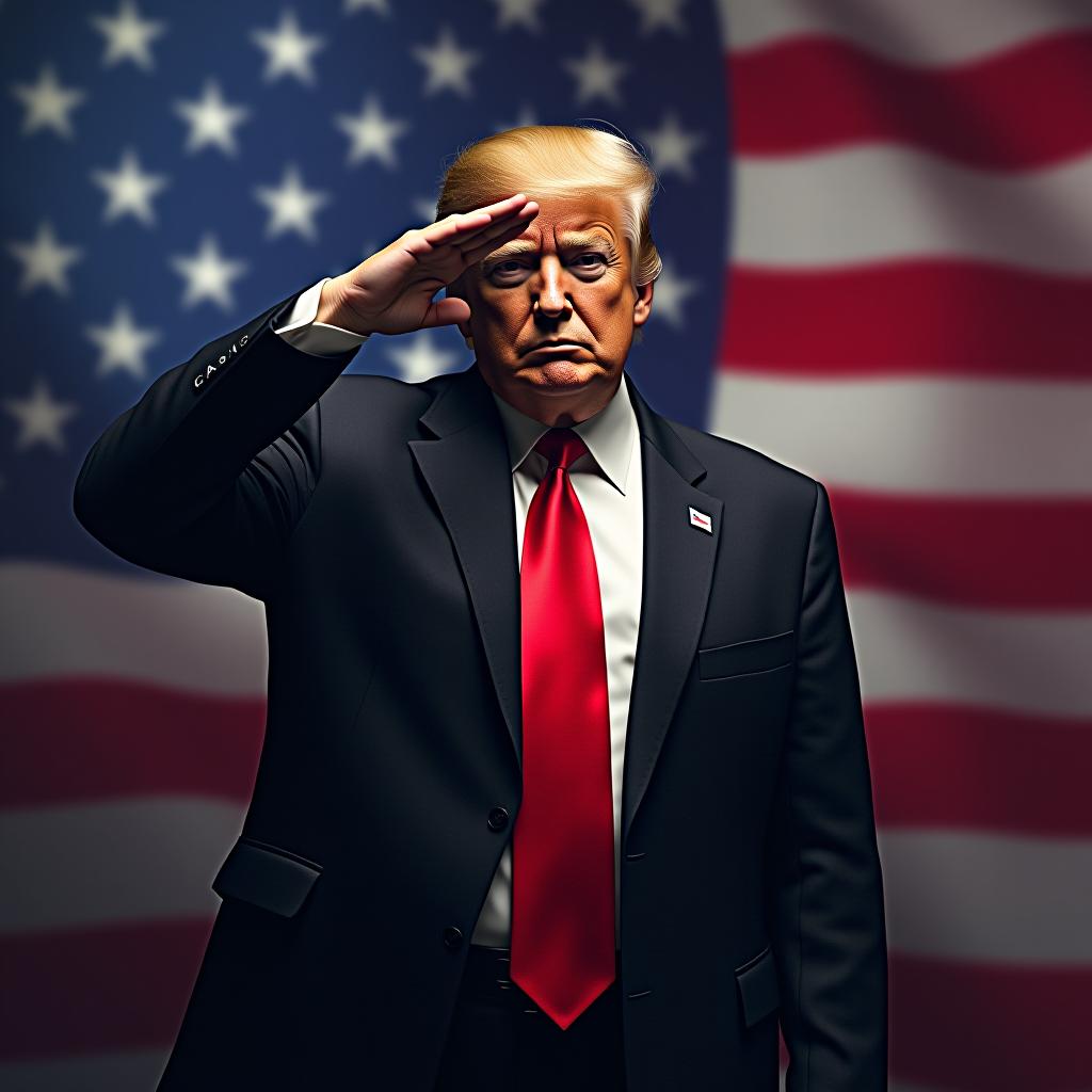  donald trump salute with usa flag in the background hyperrealistic, full body, detailed clothing, highly detailed, cinematic lighting, stunningly beautiful, intricate, sharp focus, f/1. 8, 85mm, (centered image composition), (professionally color graded), ((bright soft diffused light)), volumetric fog, trending on instagram, trending on tumblr, HDR 4K, 8K