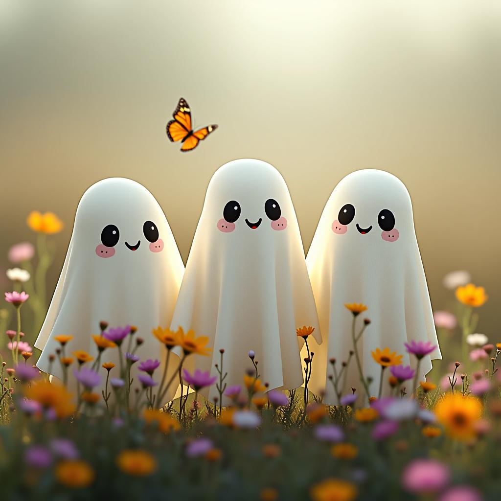  create a tshirt design featuring a row of three cute, cartoonish ghost characters, each with a different appearance, standing in different positions within sparse, life like wildflowers. each ghost should have a unique expression or pose, with the flowers minimally surrounding them. the background should be transparent, complementing the realistic wildflower elements and enhancing the overall cheerful and fun atmosphere. include two butterfly in the scene. hyperrealistic, full body, detailed clothing, highly detailed, cinematic lighting, stunningly beautiful, intricate, sharp focus, f/1. 8, 85mm, (centered image composition), (professionally color graded), ((bright soft diffused light)), volumetric fog, trending on instagram, trending on tumblr, HDR 4K, 8K