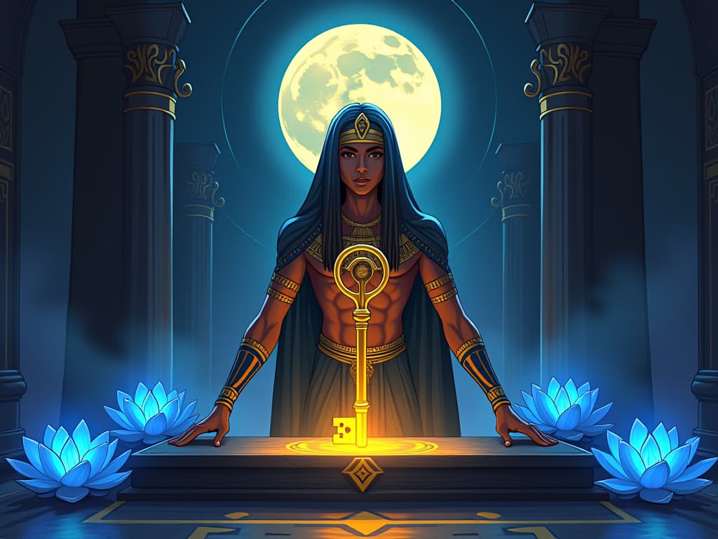  a large gold key placed on an altar, illuminated by moonlight, surrounded by glowing blue lotus flowers, symbolizing unlocking profound shifts. the style is digital art illustration / modern comic book / mysterious occult, symbolic, esoteric vibe,high detail on character design, incorporating ancient egyptian symbology and attire.