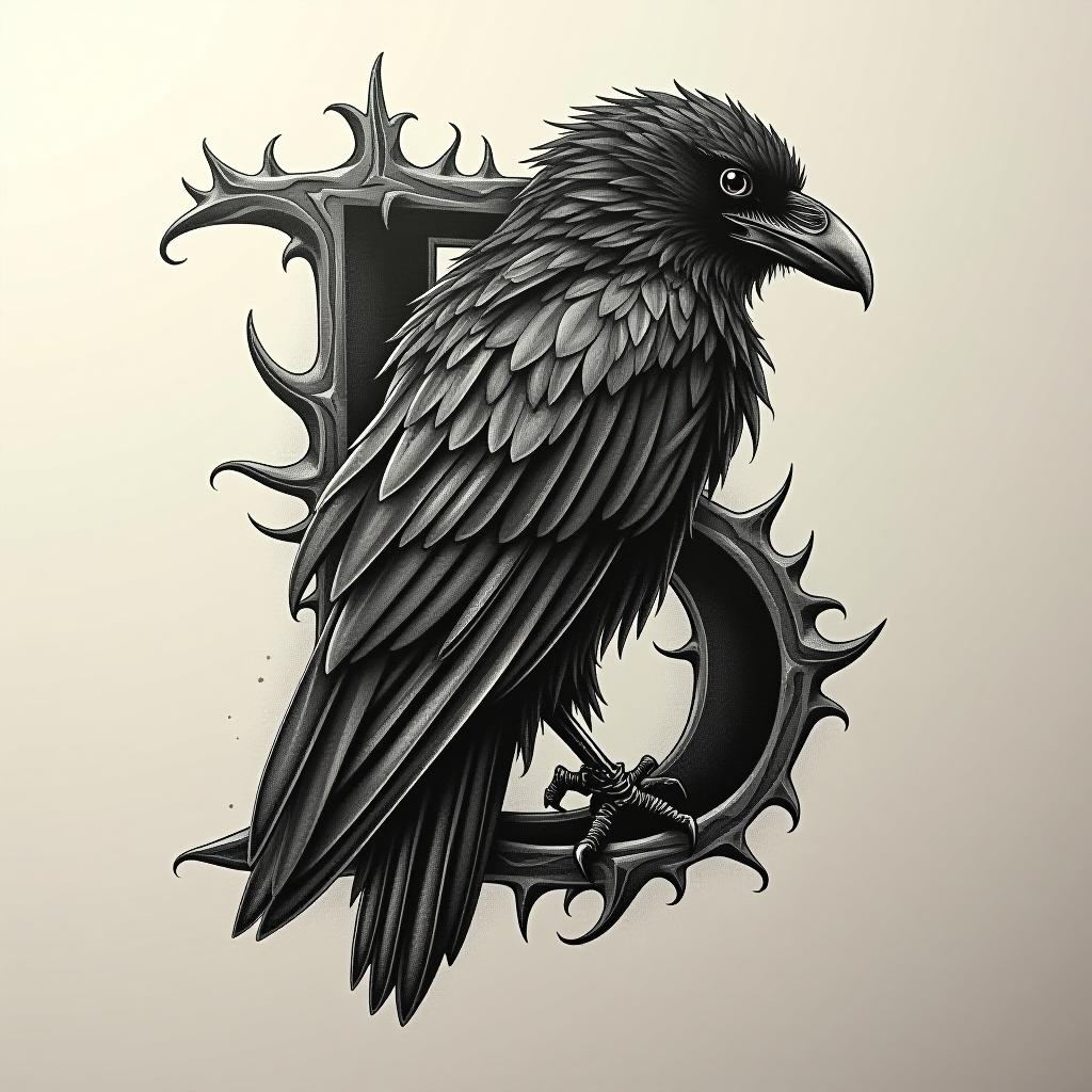  tattoo design where the letter b is thorny and also made out of a raven , high quality, high details, hd, perfect composition, 4k epic detailed, highly detailed, sharp focus, high resolution