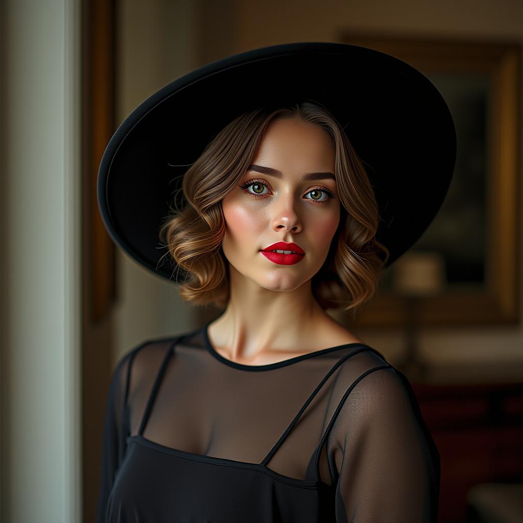  a girl in red lipstick and a black dress with a hat is elegant.