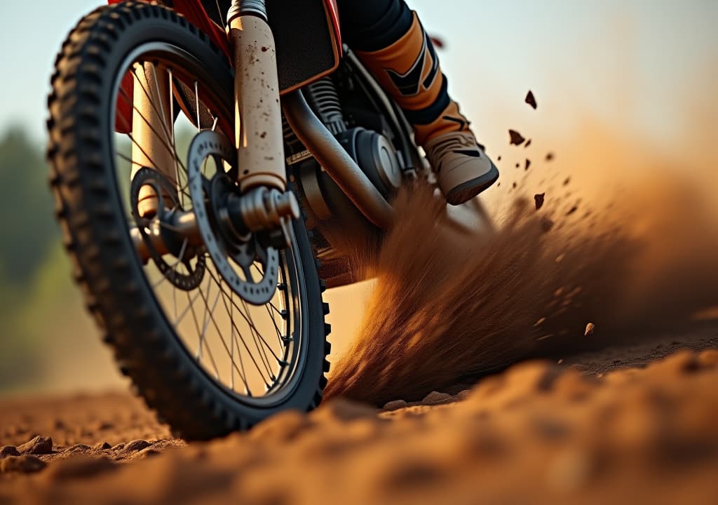  dynamic close up of a dirt bike tire spinning rapidly, kicking up dust and debris in an intense action shot.