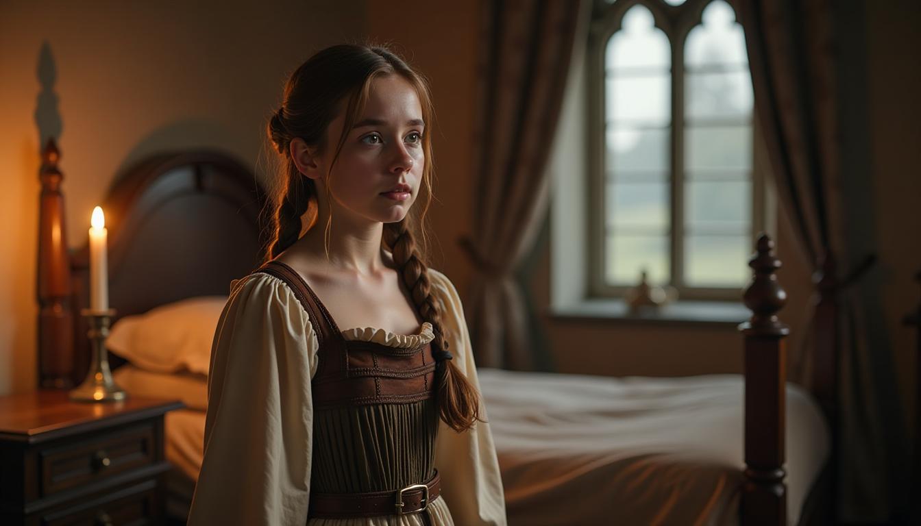  a medieval full young woman of small stature, with a light mussed braid and chubby cheeks, stands in a well decorated castle bedroom. the woman is dressed in a shabby medieval peasant dress. her face reflects mixed feelings of surprise and sadness. a candle burns in the room, illuminating the bedroom and the lancet window. outside the window it is evening.