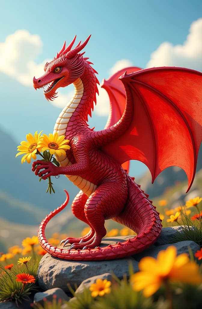  imagina un majestuoso dragón de color rojo brillante, con escamas que brillan a la luz del sol. su cuerpo es fuerte y elegante, con alas amplias que se extienden majestuosamente. este dragón sostiene en sus garras unas hermosas flores amarillas, que contrastan maravillosamente con su vibrante color. las flores, frescas y radiantes, parecen brillar con su propio resplandor, creando una imagen fascinante de belleza y fuerza. a su alrededor, se puede ver un paisaje lleno de montañas y cielos azules, haciendo de esta escena una obra de arte natural. hyperrealistic, full body, detailed clothing, highly detailed, cinematic lighting, stunningly beautiful, intricate, sharp focus, f/1. 8, 85mm, (centered image composition), (professionally color graded), ((bright soft diffused light)), volumetric fog, trending on instagram, trending on tumblr, HDR 4K, 8K