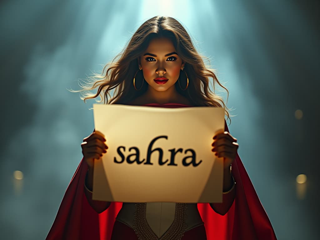  super woman that holds a paper with this letter: "sahra" hyperrealistic, full body, detailed clothing, highly detailed, cinematic lighting, stunningly beautiful, intricate, sharp focus, f/1. 8, 85mm, (centered image composition), (professionally color graded), ((bright soft diffused light)), volumetric fog, trending on instagram, trending on tumblr, HDR 4K, 8K