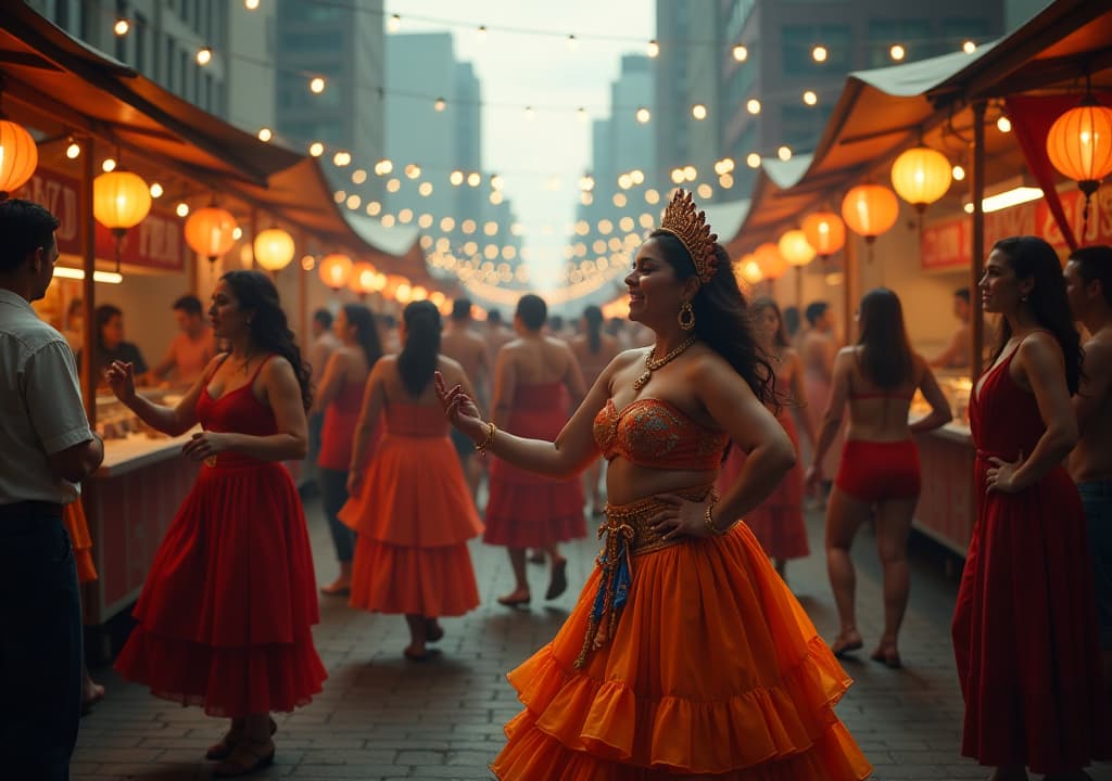  a lively scene from a toronto festival, showcasing diverse participants in colorful costumes dancing and celebrating, surrounded by food stalls and art displays, with festive lights and decorations creating a warm, inviting atmosphere that captures the essence of cultural connection. hyperrealistic, full body, detailed clothing, highly detailed, cinematic lighting, stunningly beautiful, intricate, sharp focus, f/1. 8, 85mm, (centered image composition), (professionally color graded), ((bright soft diffused light)), volumetric fog, trending on instagram, trending on tumblr, HDR 4K, 8K