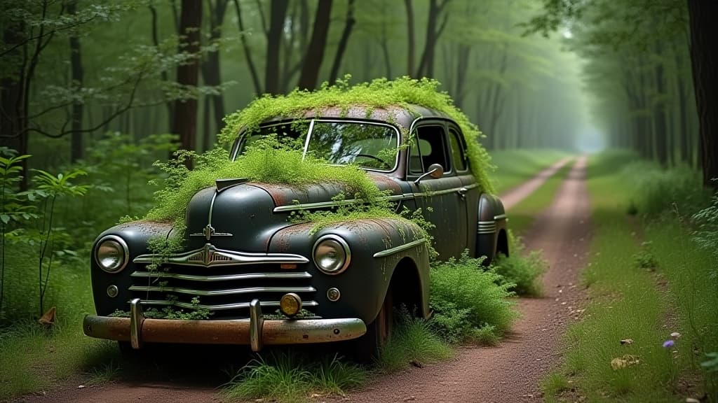  abandoned vintage car covered with plants and flowers on forest road in nature setting