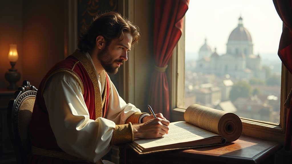  history of biblical times, a reflective moment where peter pens his letters, immersed in thought, with ancient scrolls and a window overlooking a bustling city. hyperrealistic, full body, detailed clothing, highly detailed, cinematic lighting, stunningly beautiful, intricate, sharp focus, f/1. 8, 85mm, (centered image composition), (professionally color graded), ((bright soft diffused light)), volumetric fog, trending on instagram, trending on tumblr, HDR 4K, 8K