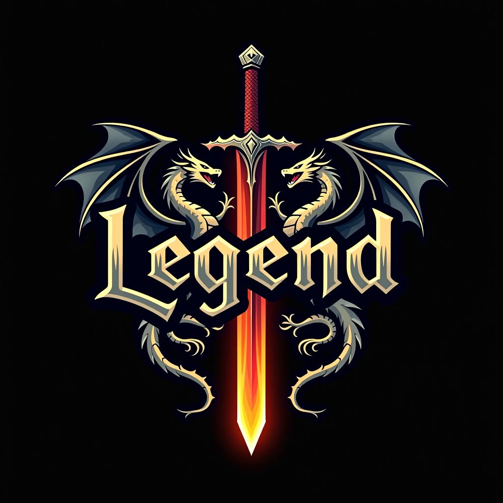  design a logo, custom sticker design on an isolated black background with the words ‘legend’ in bold font decorated by mythical dragons and a flaming sword