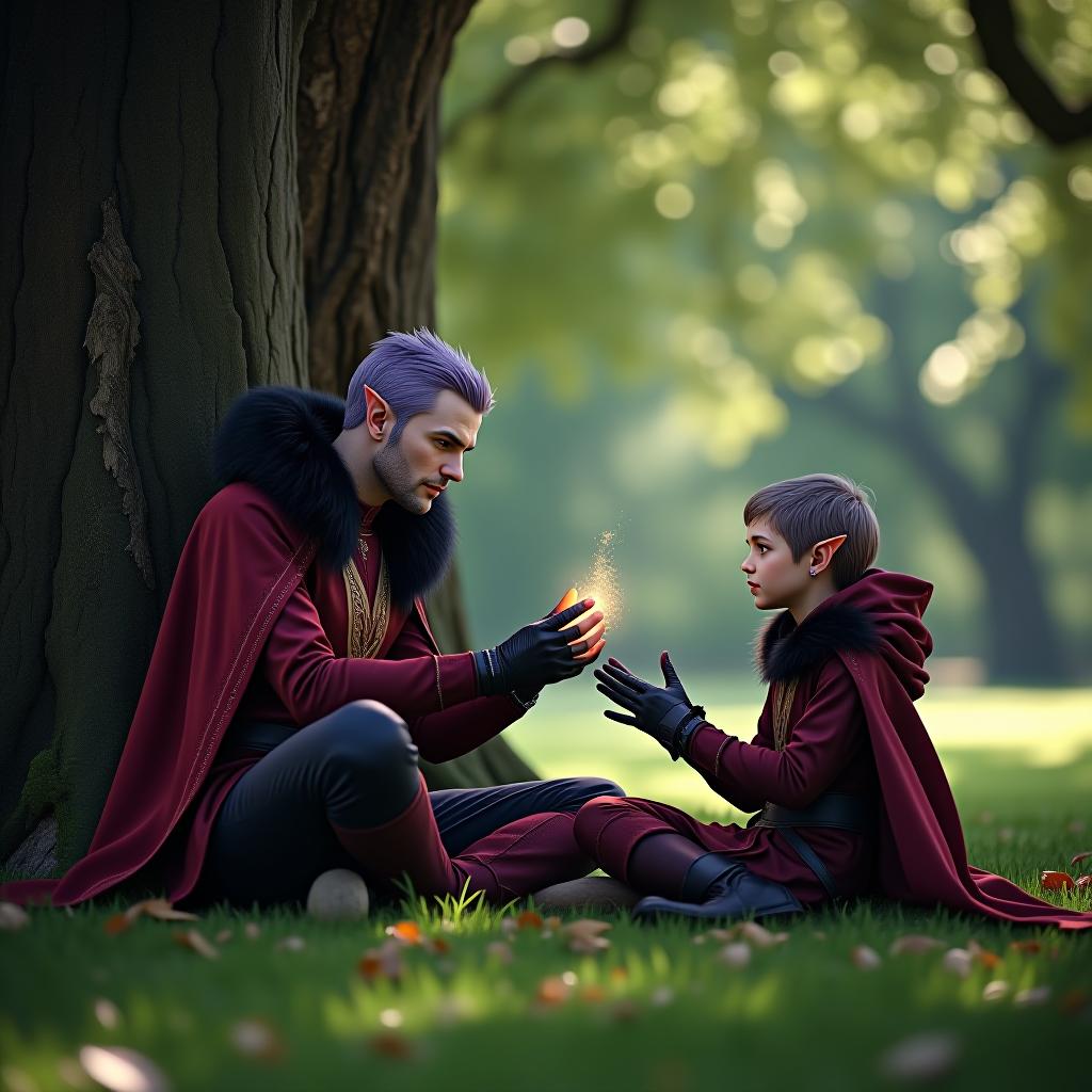  breathtaking both brothers are sitting on the grass near a large oak tree, ringo is teaching iris magic, demonstrating his magical abilities, and iris is trying to repeat them. a young dark elf warlock named ringo graera wears tight fitting gloves black leather gloves that cover only his palms. the appearance of the dark elf warlock ringo: dark elf is a young dark elf with marble white skin, purple hair with a scarlet tint, pointed tips of ears, lavender eyes with a red tint, dressed in a red purple shirt with red gold embroidery on the shirt, this is over the shirt he wears a dark shirt in the shape of a stem, a scarlet half coat with a fur collar and a hairstyle in the style of disheveled hair. an earring in the right ear in the shape of hyperrealistic, full body, detailed clothing, highly detailed, cinematic lighting, stunningly beautiful, intricate, sharp focus, f/1. 8, 85mm, (centered image composition), (professionally color graded), ((bright soft diffused light)), volumetric fog, trending on instagram, trending on tumblr, HDR 4K, 8K