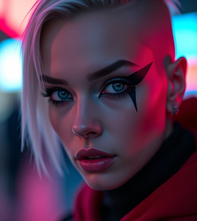  ultra realistic close up portrait ((beautiful pale cyberpunk female with heavy black eyeliner)), blue eyes, shaved side haircut, hyper detail, cinematic lighting, magic neon, dark red city, canon eos r3, nikon, f/1.4, iso 200, 1/160s, 8k, raw, unedited, symmetrical balance, in frame, 8k hyperrealistic, full body, detailed clothing, highly detailed, cinematic lighting, stunningly beautiful, intricate, sharp focus, f/1. 8, 85mm, (centered image composition), (professionally color graded), ((bright soft diffused light)), volumetric fog, trending on instagram, trending on tumblr, HDR 4K, 8K