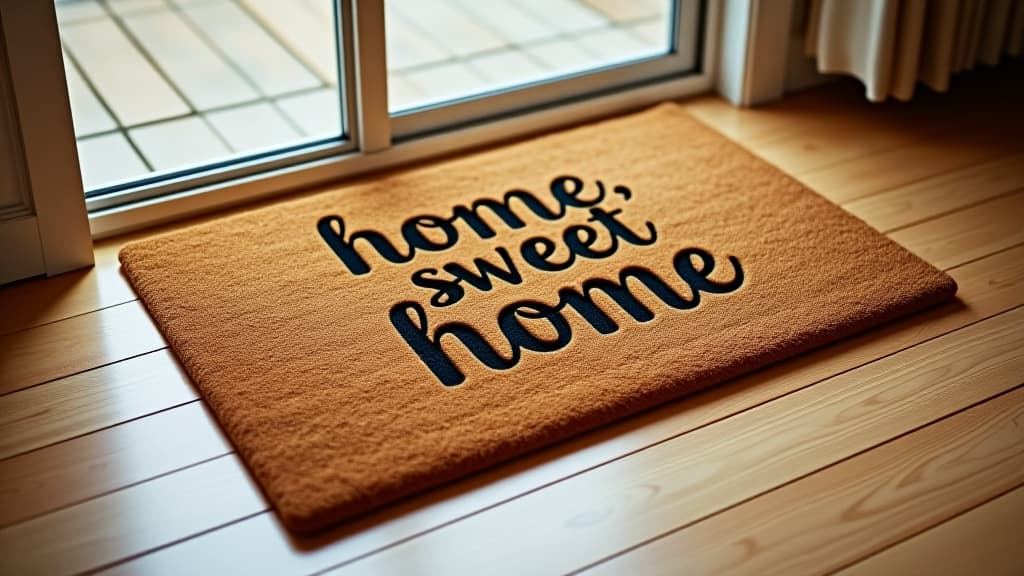  closeup of a brown doormat or welcome mat with the text "home, sweet home" on a wooden parquet or laminate floor indoors, in a house interior. welcoming greeting for the guests, entrance carpet