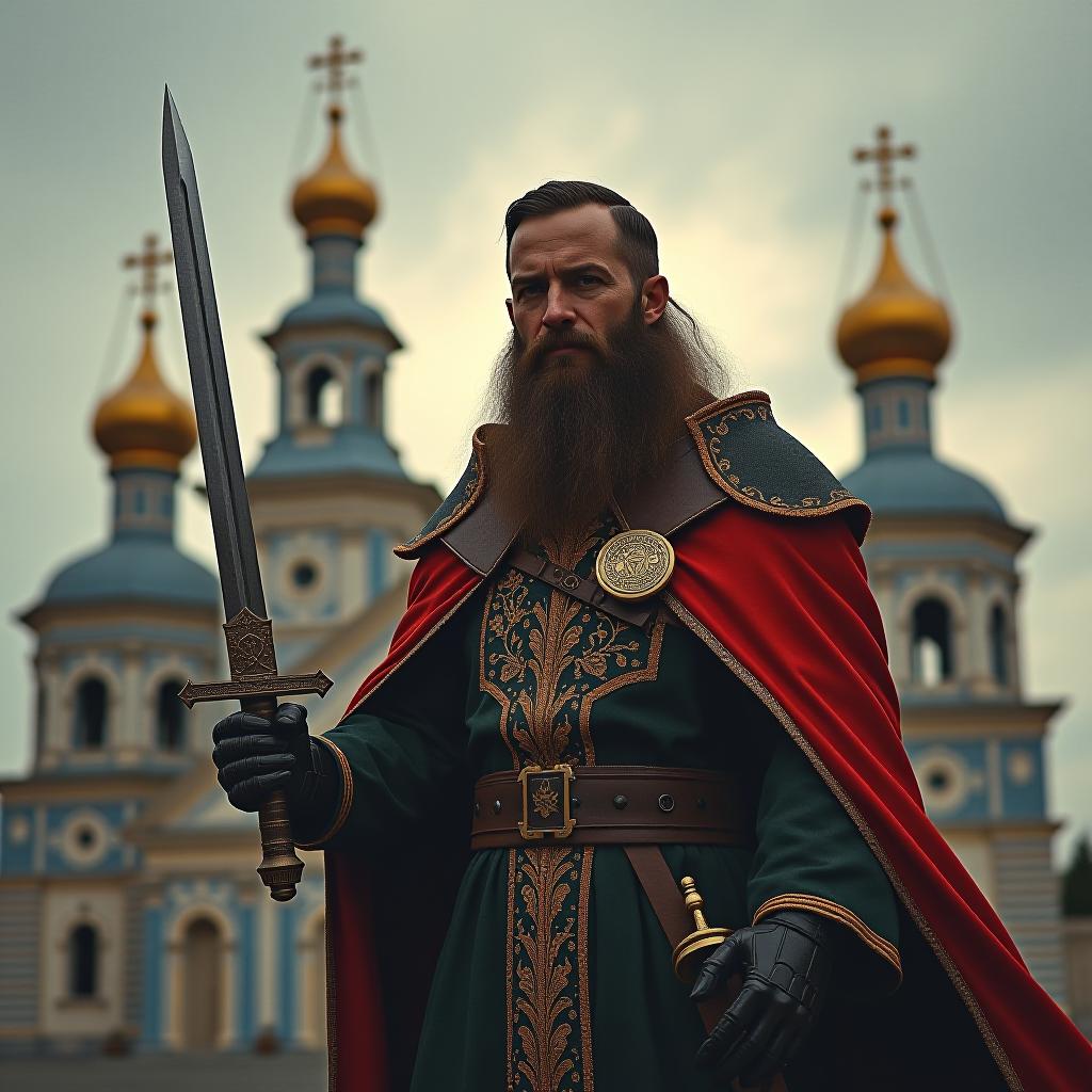  orthodox warrior a bearded man against the backdrop of churches, holding a sword and a robotic hand.