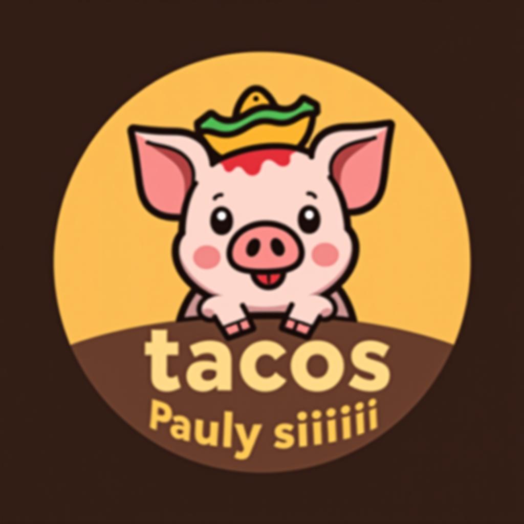  design a logo, cute pig , with the text 'tacos pauly siiiii'.