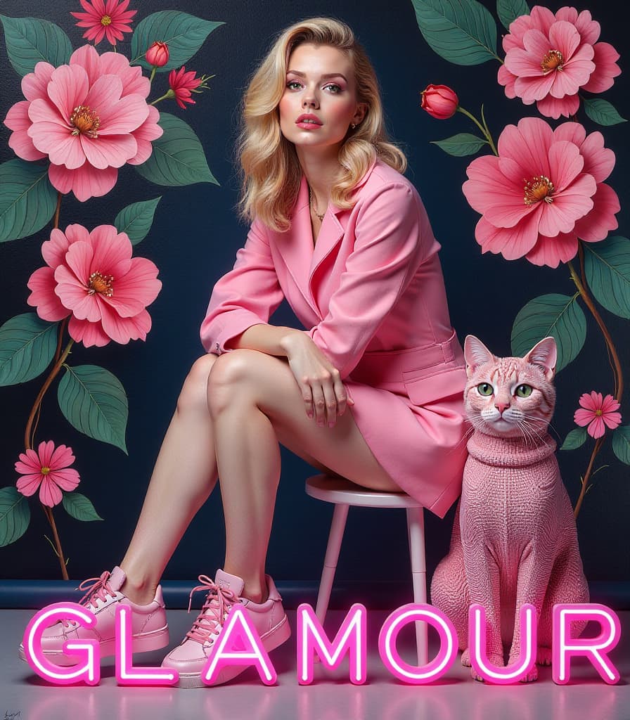  surrealist art (masterpiece, oil painting:1.2). (glamour style, pink neon inscription at bottom: "glamour artgeneration:1.2). woman of slavic appearance with norwegian and scandinavian roots (pinup style:1.4) (wearing pink clothes and pink women's sneakers, in rhinestones painted under floral patterns in the style of william morris:1.2), advertising a glamorous futuristic set pink women's sneakers, pink iphone in rhinestones and (pink porcelain cat with rhinestones:1.2). the design of all the items and clothing is dominated by (sophisticated exotic glamor bordering on protest), stirring the imagination and striking originality. high resolution. high detail. increased attention to fine detail. avant garde design. (at the bottom is the text