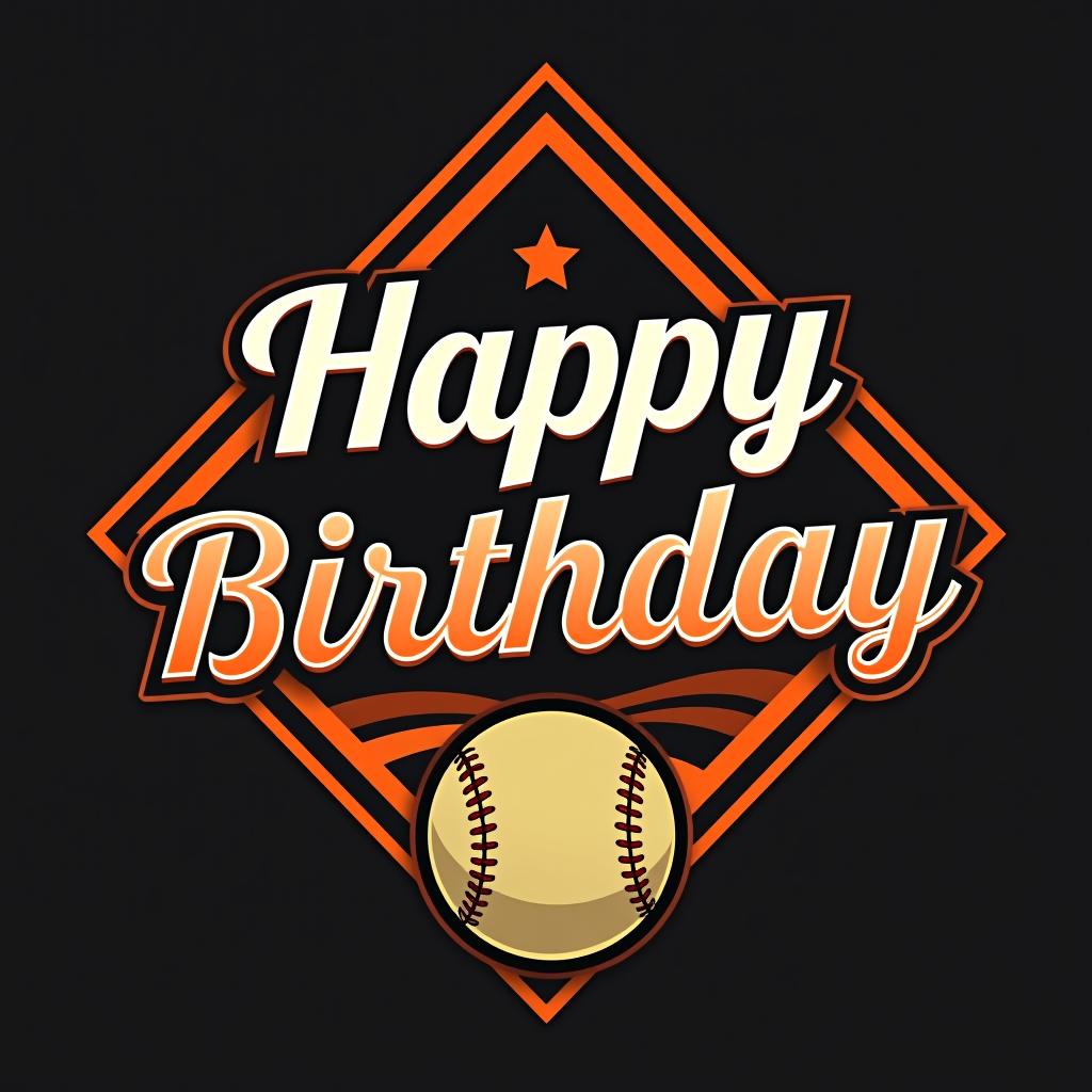  design a logo, idea con la imagen del equipo de béisbol de san francisco giants que diga happy birthday con tonos naranjas negros y blancos donde también aparezca una pelota de béisbol de fondo