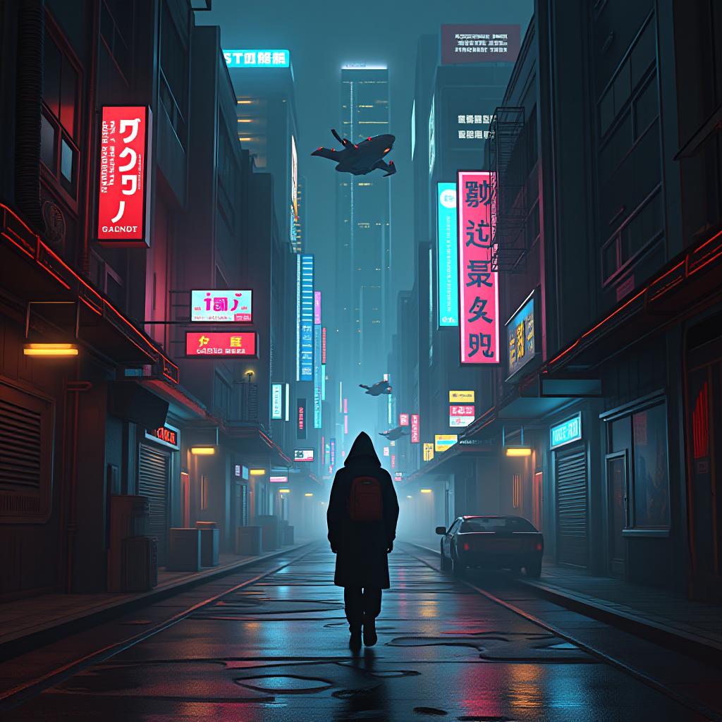  dark alley lit by neon signs, sleek futuristic buildings rise above, gritty high tech shacks line the street, digital billboards flicker, energy pulses from the ground, flying vehicles casting shadows. hyperrealistic, full body, detailed clothing, highly detailed, cinematic lighting, stunningly beautiful, intricate, sharp focus, f/1. 8, 85mm, (centered image composition), (professionally color graded), ((bright soft diffused light)), volumetric fog, trending on instagram, trending on tumblr, HDR 4K, 8K