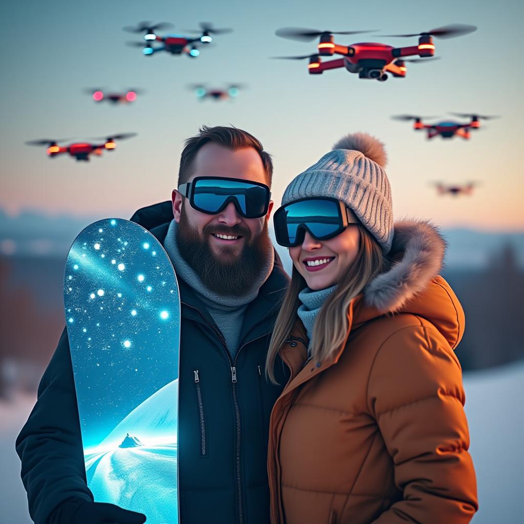  bearded man and beautiful woman wearing high tech glasses posing with holographic snowboard in futuristic snow covered landscape with ai enhanced drones flying overhead