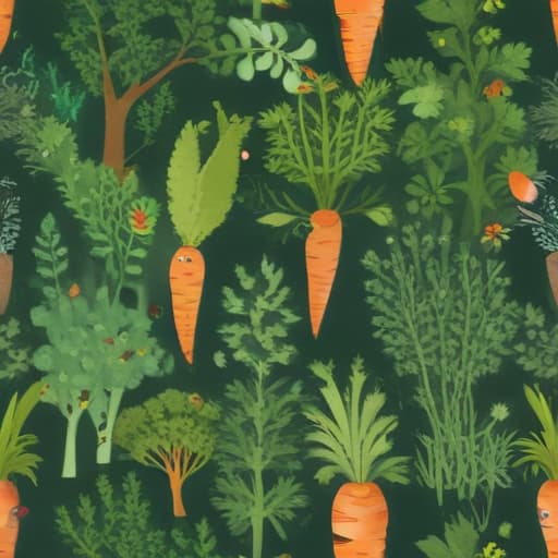 A mischievous carrot stealing carrots from a whimsical, abstract garden.