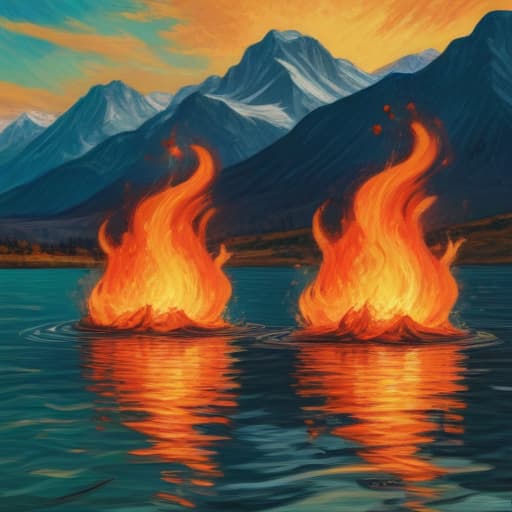 Fire above water in Van Gogh style with Mountains background