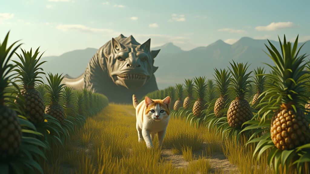  a huge cat the size of a dinosaur, along with a cat go through a huge field where pineapples grow