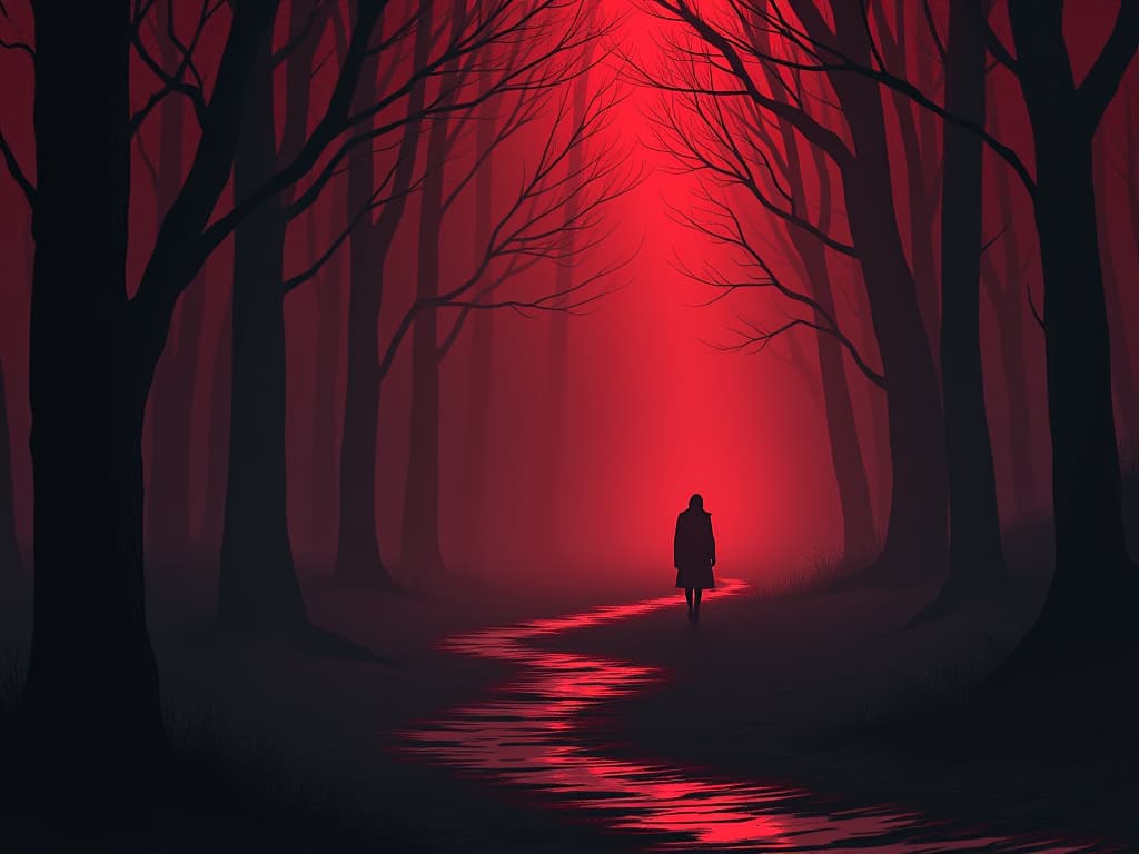  paths diverging in a misty red forest, one path shadowed and ominous, essence of difficult choices. the style is digital art illustration / modern comic book / graphic dark novel fantasy and mysterious occult, symbolic, moody lighting, esoteric vibe,high detail on character design. for the color scheme emphasize blacks and reds.