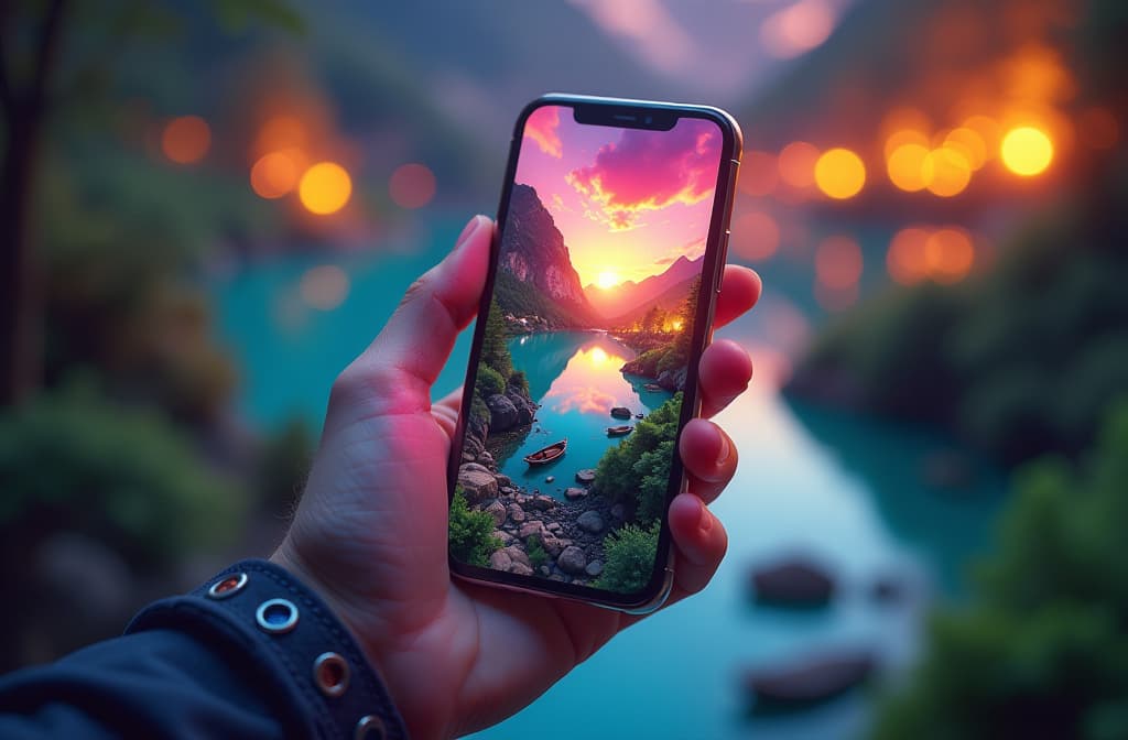  "create a visually stunning scene showcasing a modern smartphone held in a hand, glowing with vibrant colors. the screen displays an enhanced photo of a scenic landscape, with vivid greenery, a mesmerizing sunset, and crystal clear water reflecting the sky. surround the phone with artistic tools like filters, brushes, and sliders, symbolizing photo editing. include elements of creativity, such as paint splashes and light flares, to capture the essence of digital enhancement and creativity in photography." hyperrealistic, full body, detailed clothing, highly detailed, cinematic lighting, stunningly beautiful, intricate, sharp focus, f/1. 8, 85mm, (centered image composition), (professionally color graded), ((bright soft diffused light)), volumetric fog, trending on instagram, trending on tumblr, HDR 4K, 8K